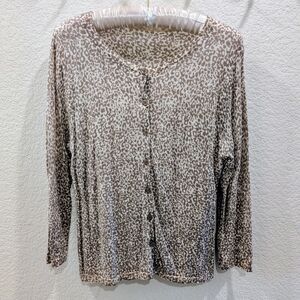 Garnet Hill Merino Wool Leopard Print Cardigan in Brown and Cream